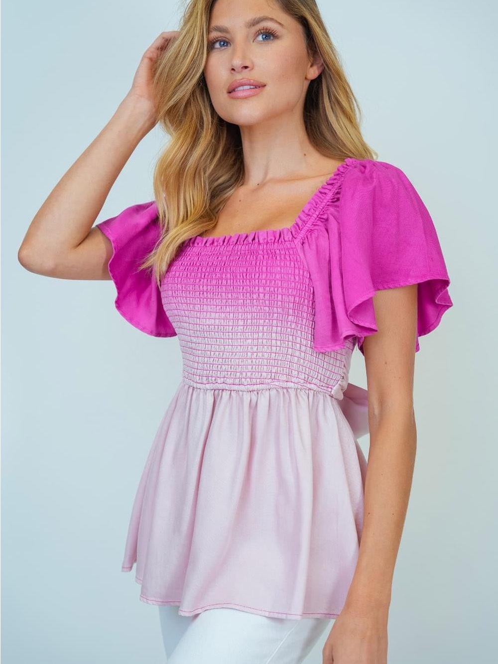 Small Medium White Birch Pink Ombre Smocked Peplum Top with Flutter Sleeves